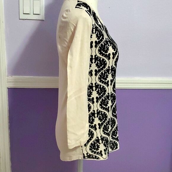 J Crew Factory Cream & Black Boho Floral Embroidered Fitted Knit Sweater - Picture 5 of 9